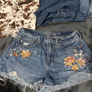 American Eagle Outfitters Blue Jean Shorts with Floral Embroidery